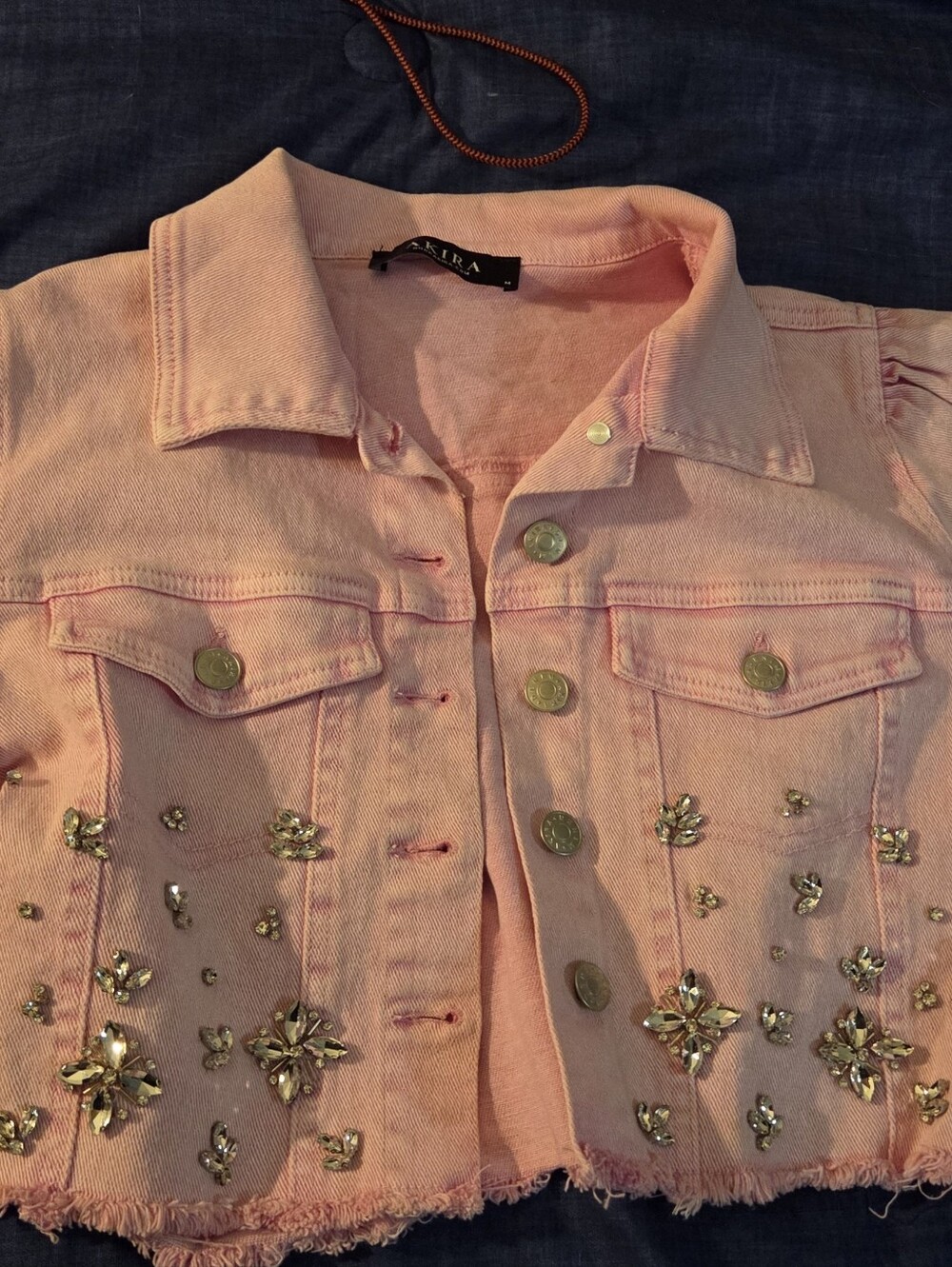 AKIRA Pink Embellished Cropped Denim Jacket